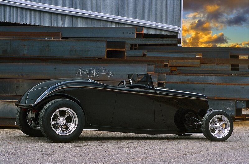 Black Hot Rod Car — Dramatic, Sunset, Photograph, Metal Beams