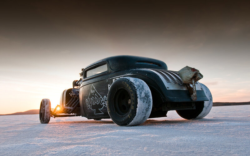 Black Hot Rod Car — Dramatic, Sunset, Photograph, Salt Flat