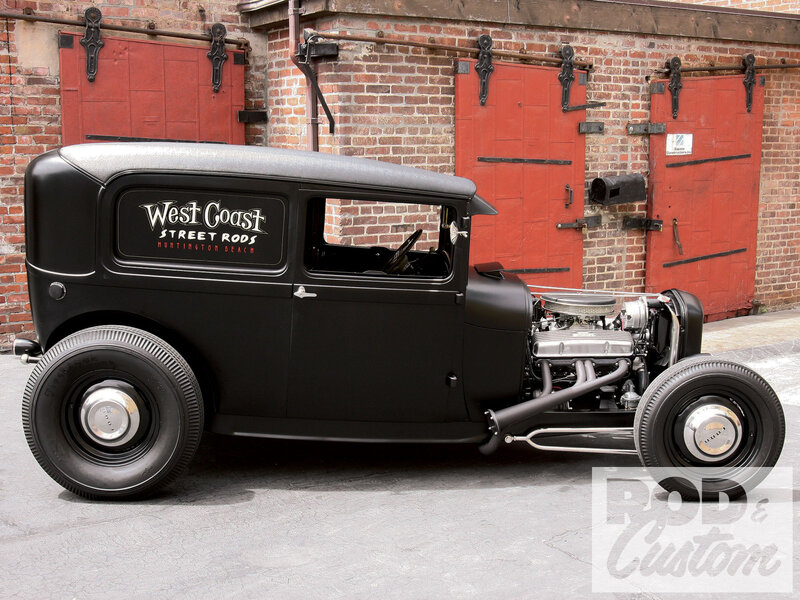 Black Hot Rod Car — Industrial, Afternoon, Photograph, Brick Building