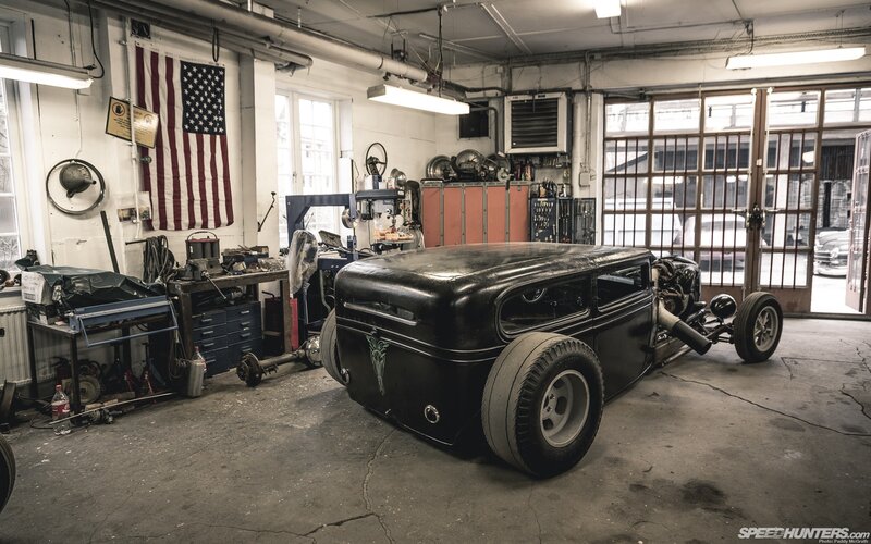 Black Hot Rod Car — Industrial, Photograph, American Flag