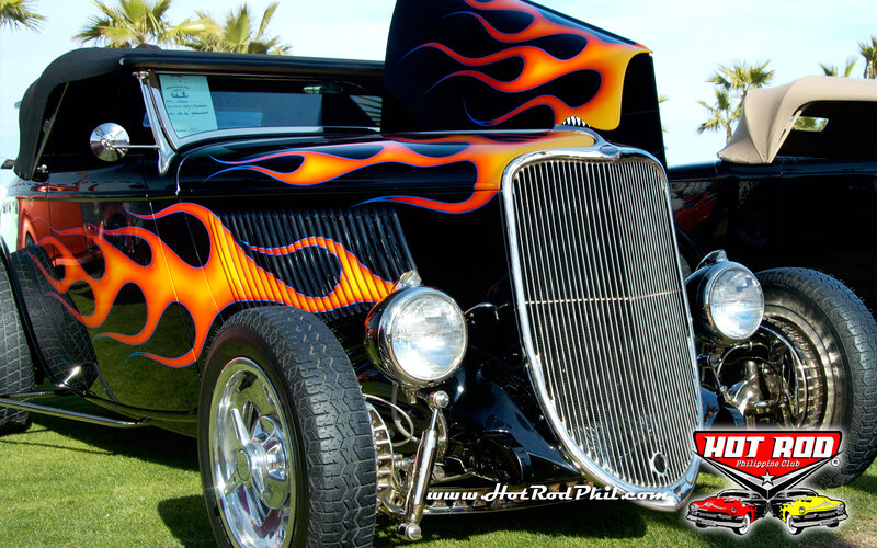 Black Hot Rod Car — Showcase, Afternoon, Photograph, Flame Design, Palm Trees