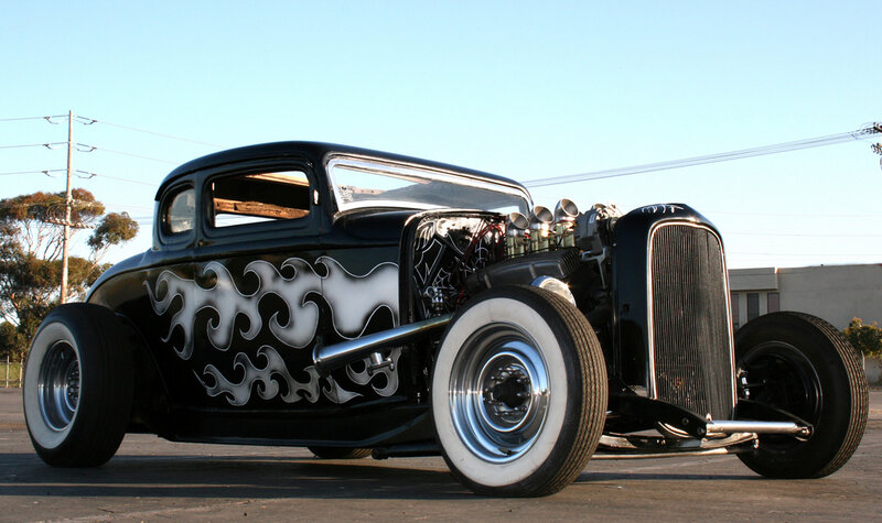 black hot rod with flames