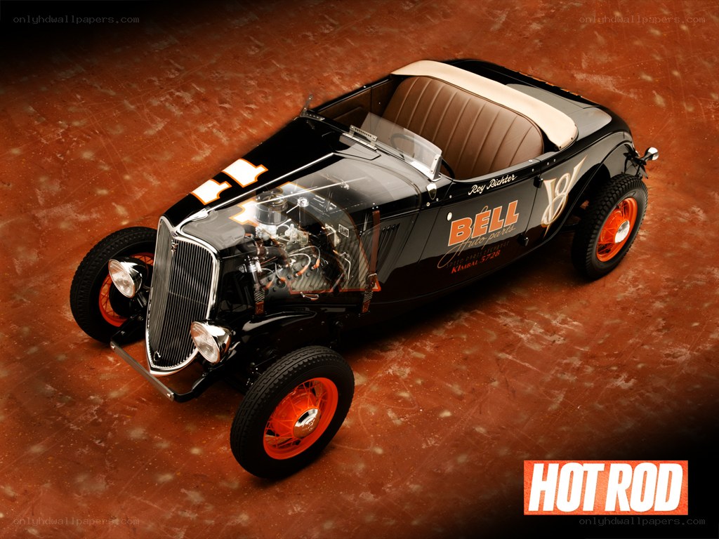 Black hot rod with orange wheels
