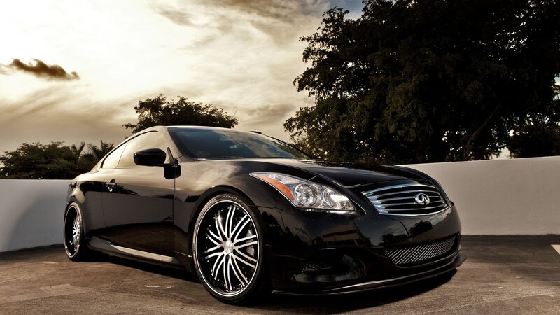 Black Infiniti Coupe — Dramatic, Sunset, Photograph, Car, Trees