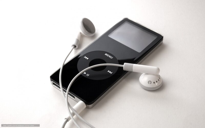 Black iPod with white earbuds