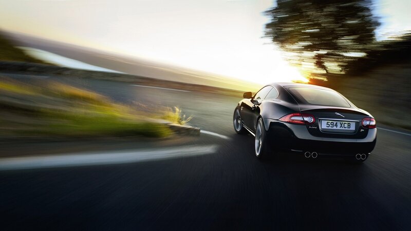 Black Jaguar Coupe — Dynamic, Sunset, Photograph, Car, Road