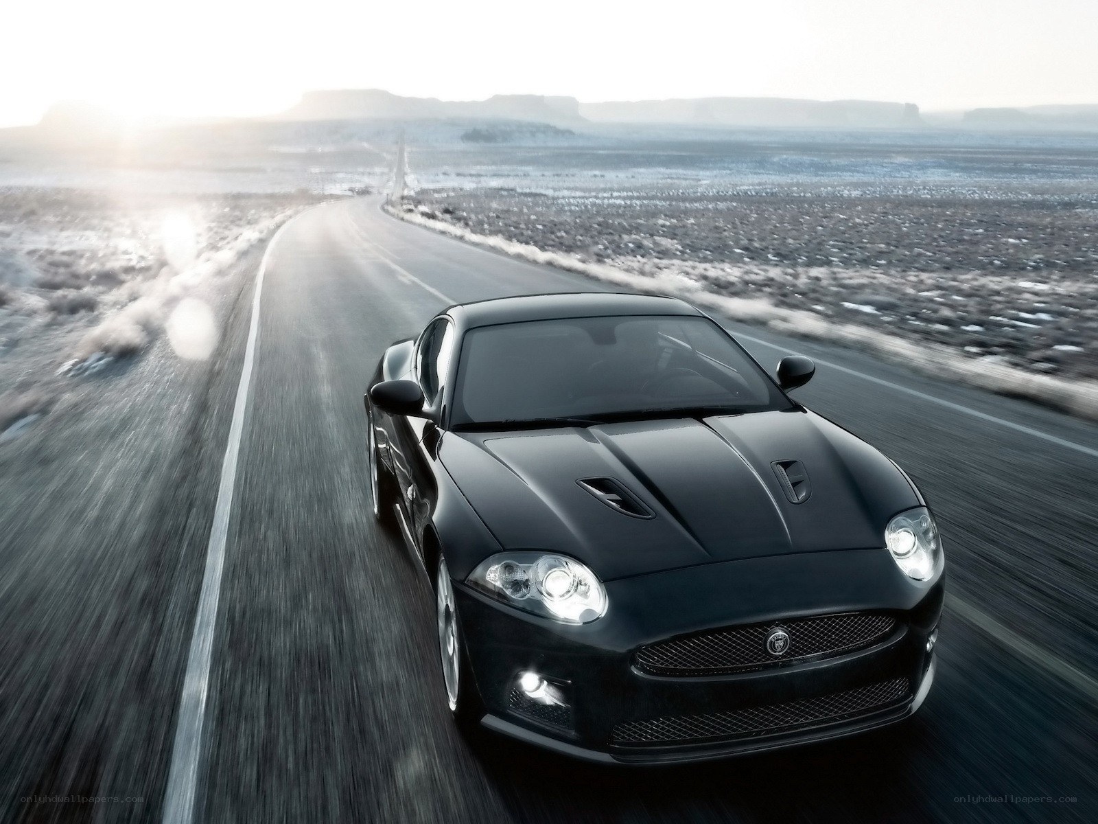 Black Jaguar speeding on desert road