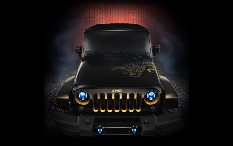 Black Jeep Wrangler — Dramatic, Night, Photograph, Dragon Design, Blue Lights