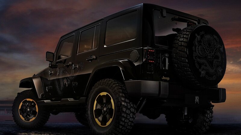 Black Jeep Wrangler — Dramatic, Sunset, Photograph, Dragon Design, Spare Tire