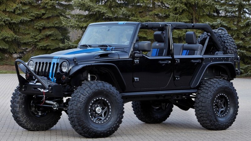black jeep wrangler with blue accents