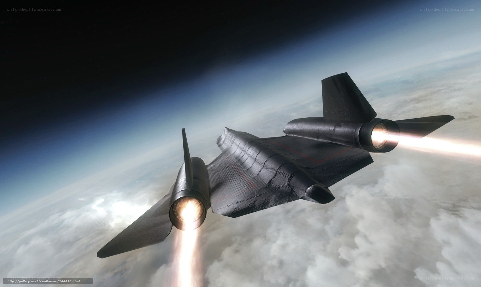 Black jet flying above clouds