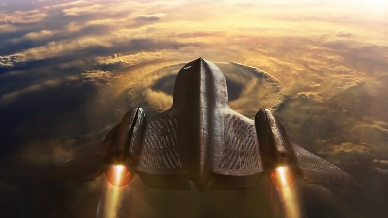 Black jet flying at sunset