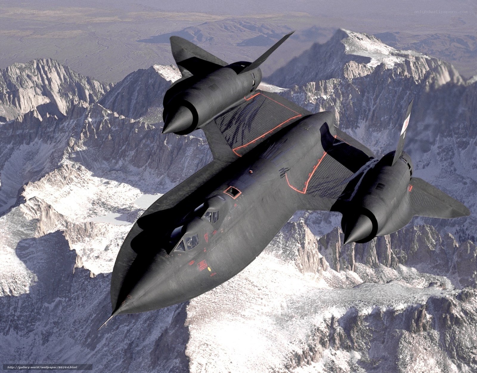 Black jet over snowy mountains