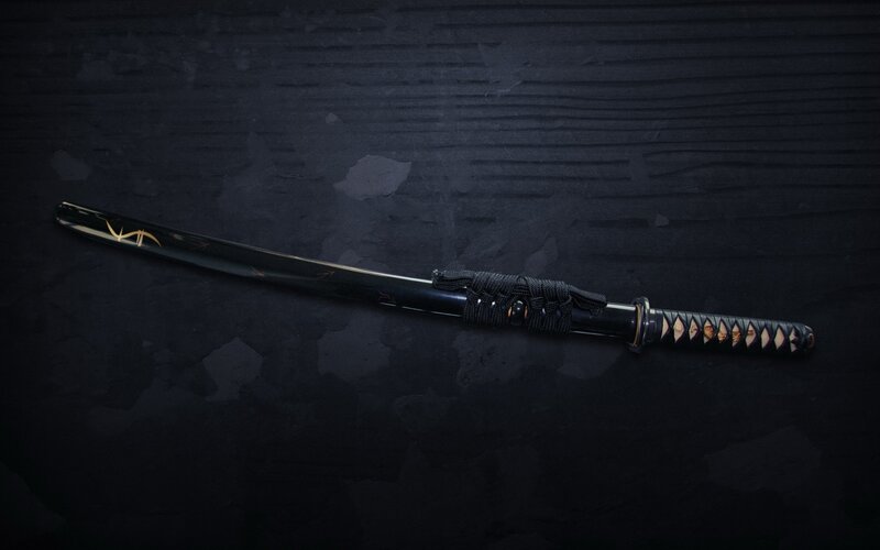 Black Katana with Gold Details — Dramatic, Photograph, Sword