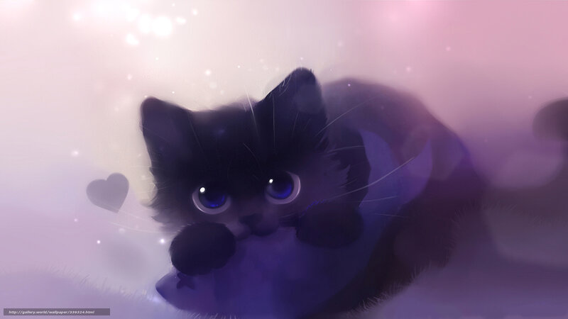 Black Kitten with Blue Eyes — Purple, Dreamy, Digital Art, Heart Shape