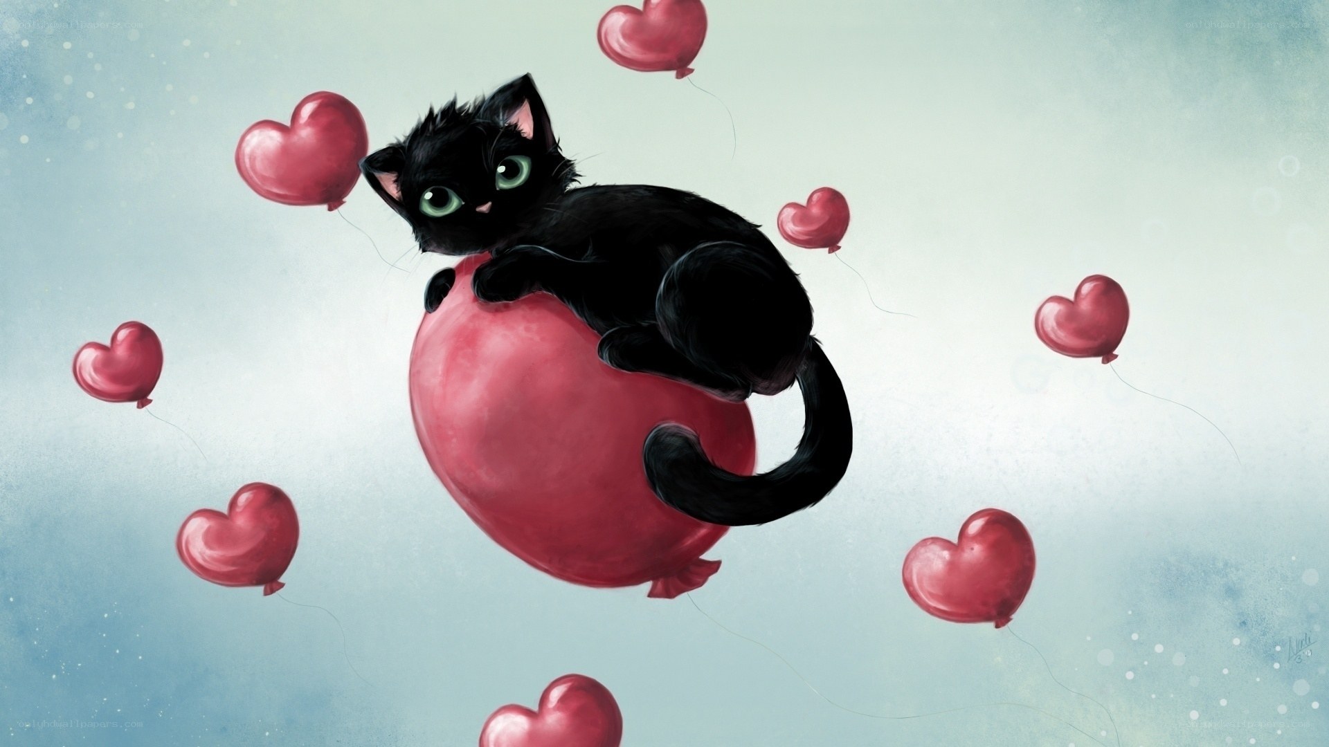 Black kitten with heart balloons