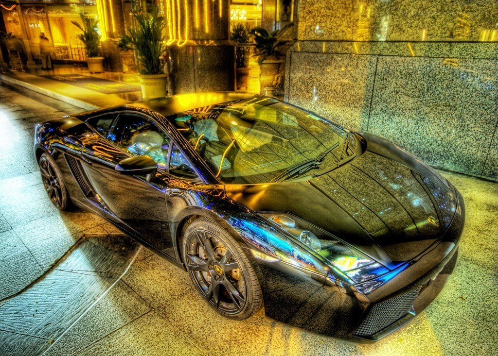 Black Lamborghini at night