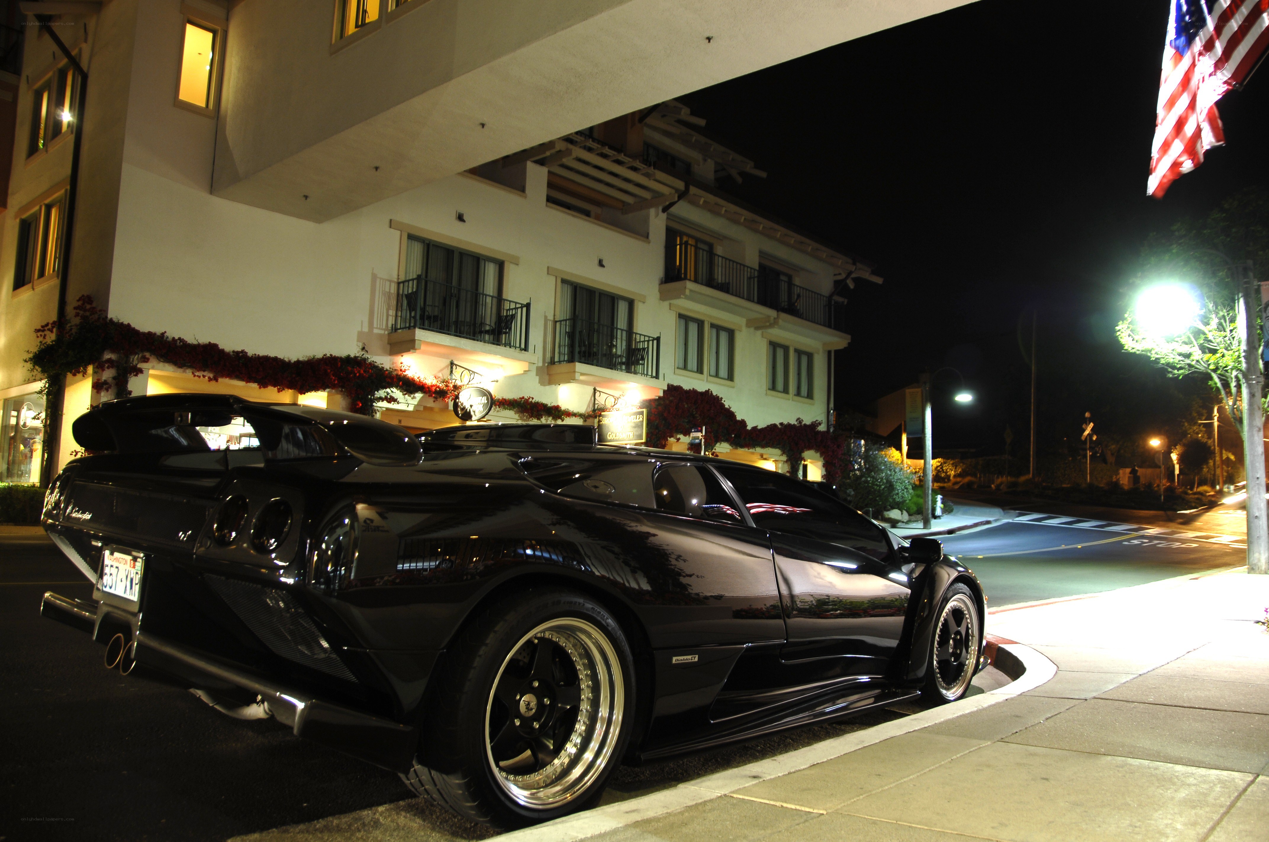 Black Lamborghini at night