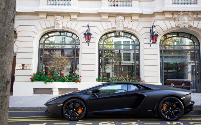 Black Lamborghini Aventador — Calm, Autumn, Photograph, Building