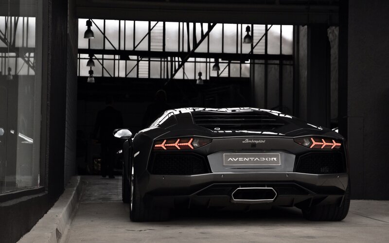 Black Lamborghini Aventador — Dramatic, Garage