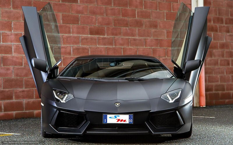 Black Lamborghini Aventador — Dramatic, Photograph, Brick Wall, Open Doors