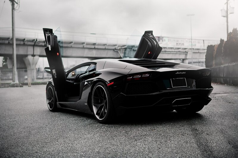 Black Lamborghini Aventador — Dramatic, Photograph, Car Door, Bridge, Asphalt, Gray