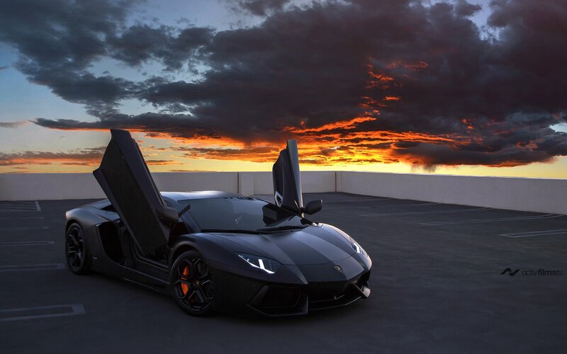 Black Lamborghini Aventador — Dramatic, Sunset, Photograph, Car