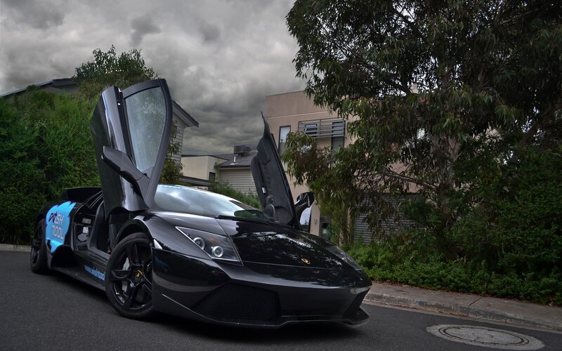 Black Lamborghini Car — Dramatic, Photograph, Car Door, Tree