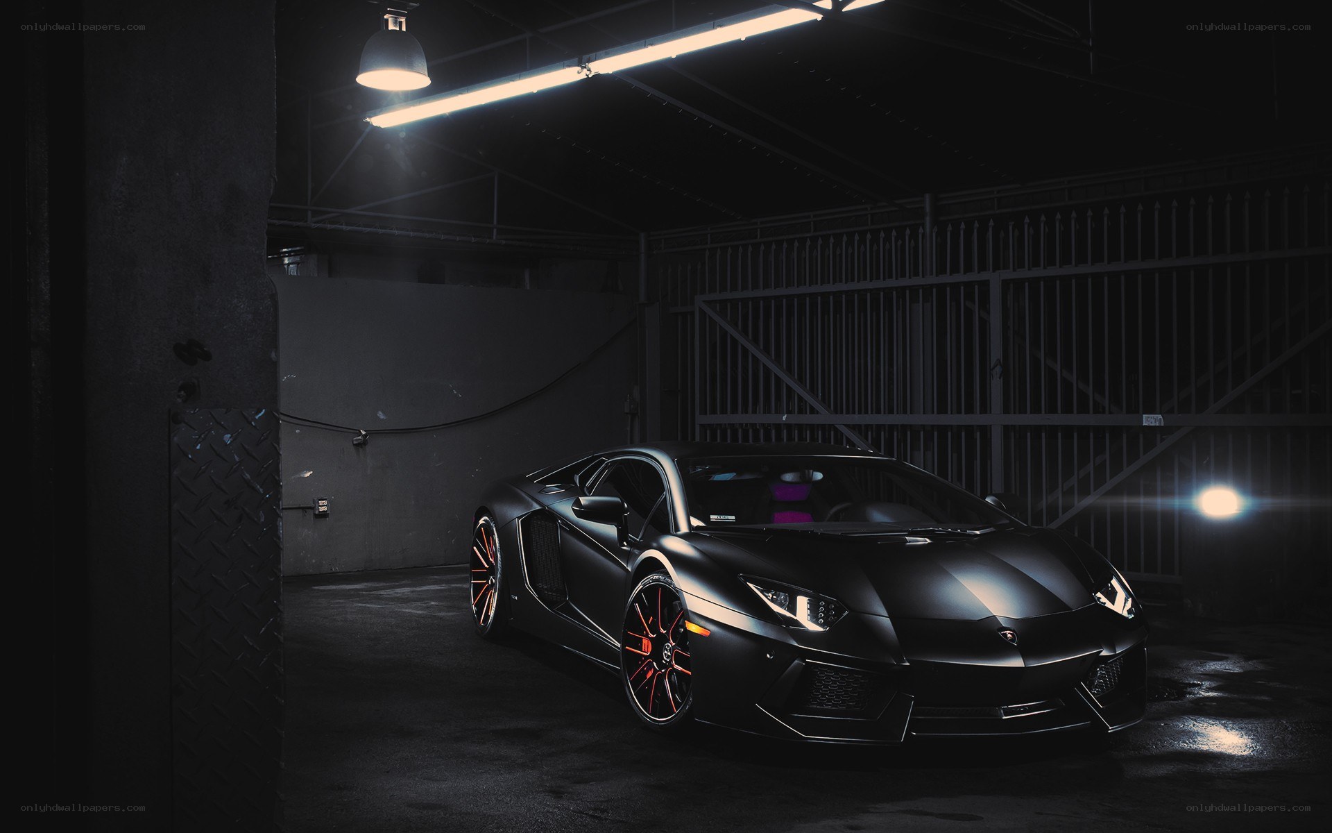 Black Lamborghini in dark garage