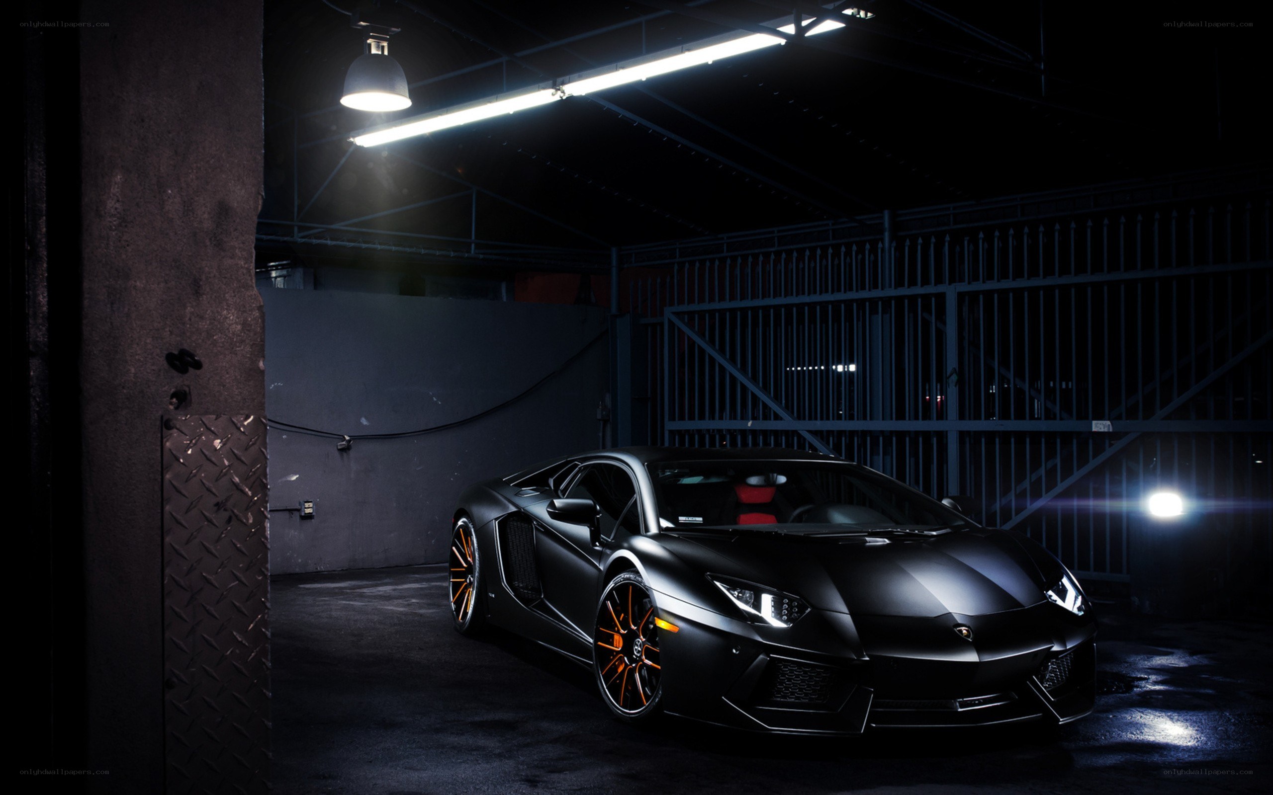 Black Lamborghini in dark garage