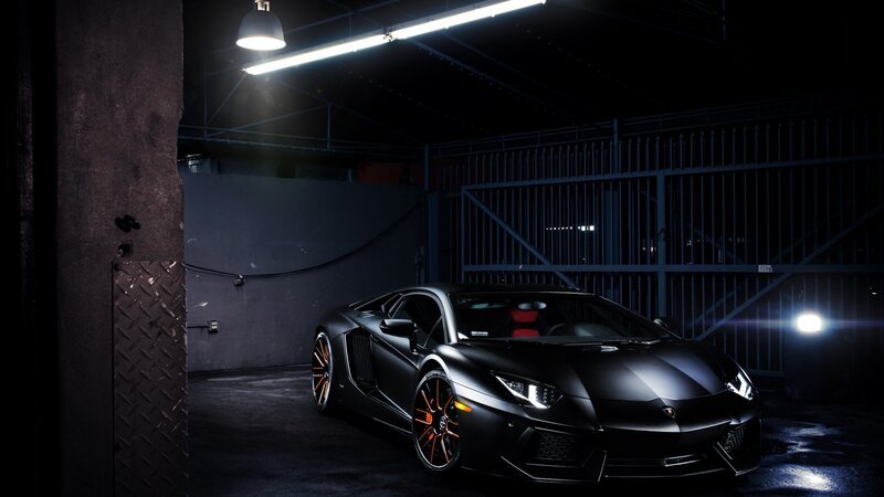 Black Lamborghini in Garage — Dramatic, Night, Photograph