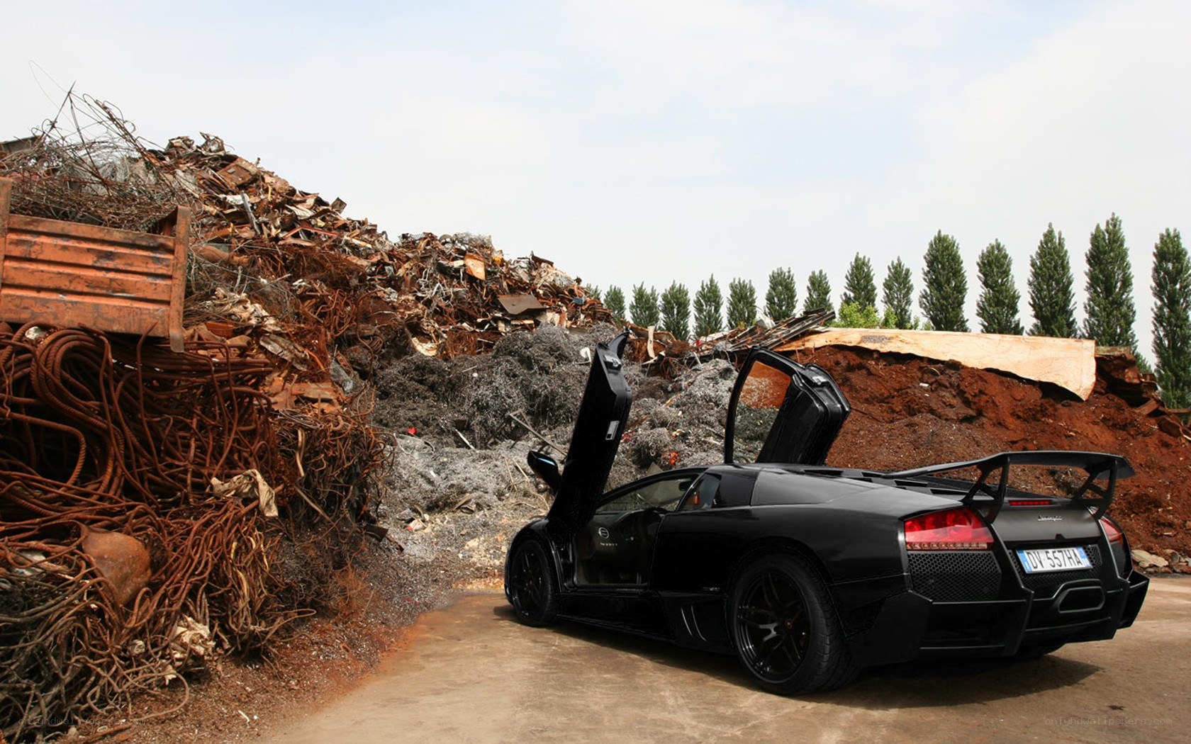 Black Lamborghini in junkyard