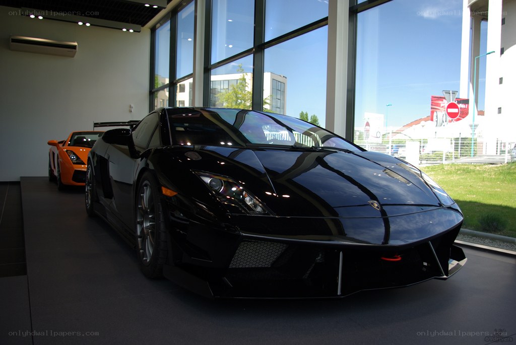 Black Lamborghini in showroom
