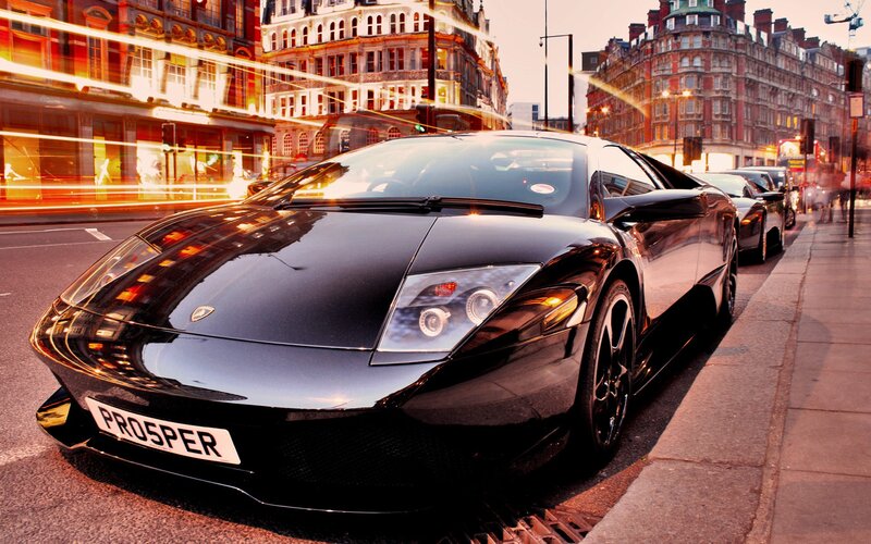 Black Lamborghini on city street