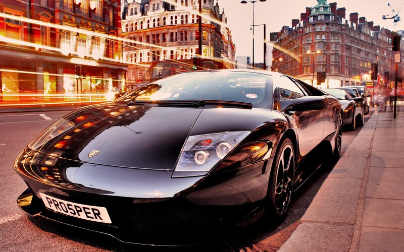 Black Lamborghini on city street