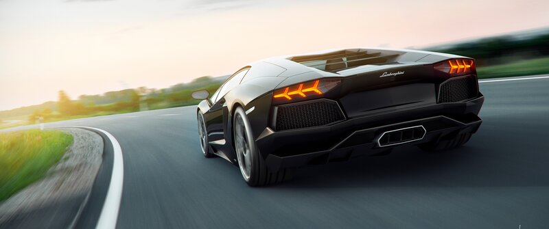 Black Lamborghini on Road — Dynamic, Sunset, Photograph