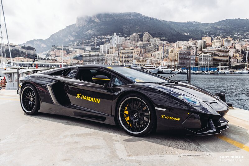 Black Lamborghini Sports Car — Dramatic, Afternoon, Photograph, City