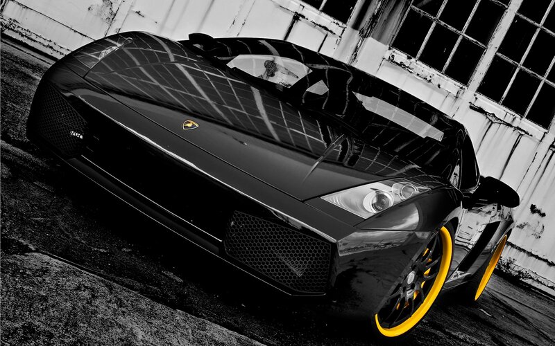 Black Lamborghini Sports Car — Dramatic, Photograph, Building, Wheel, Yellow