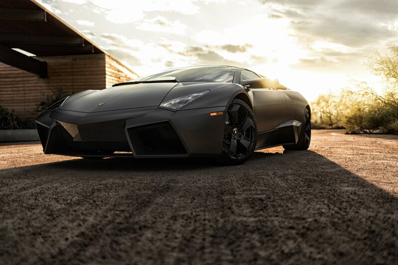 Black Lamborghini Sports Car — Gray, Dramatic, Sunset