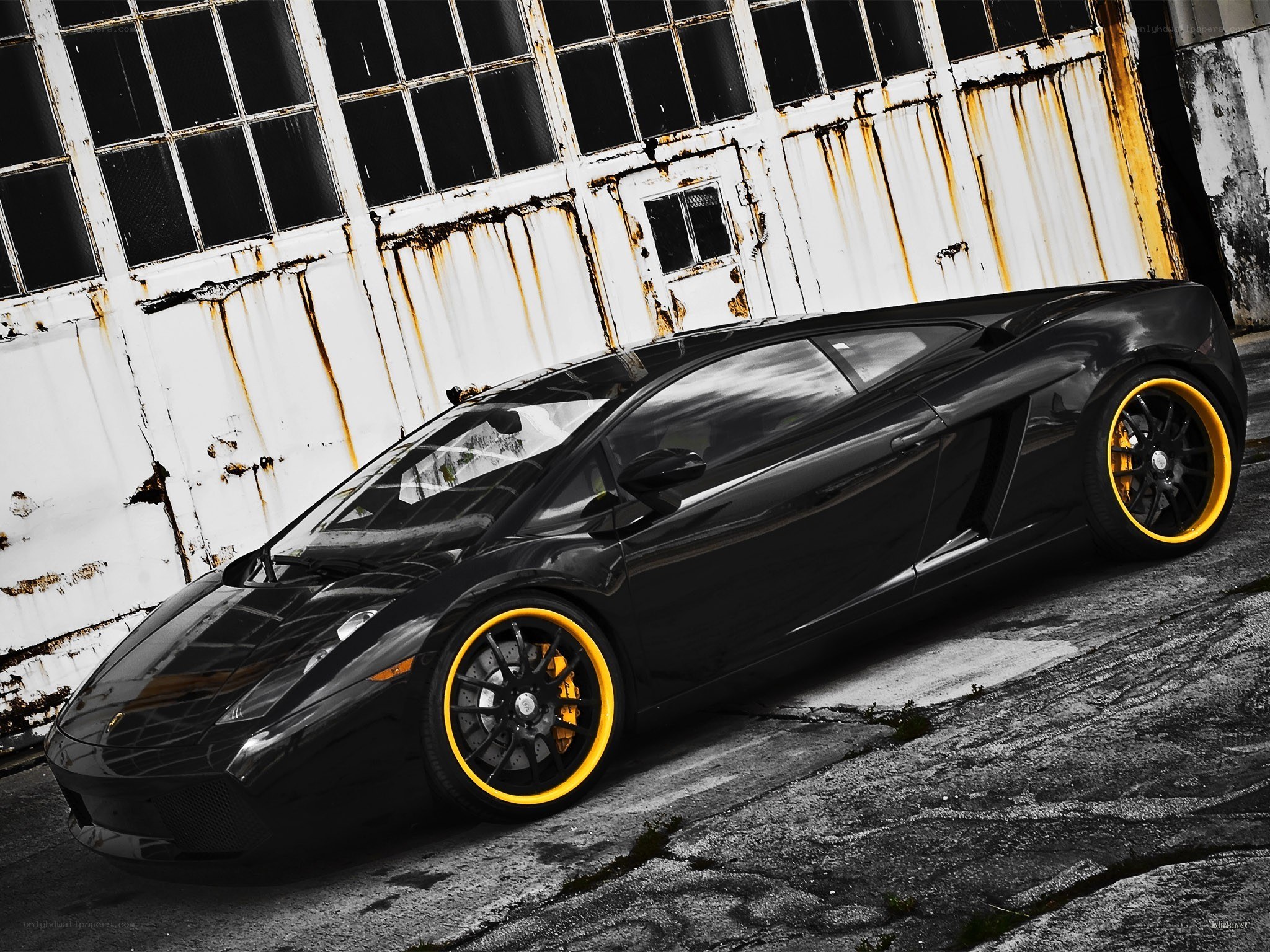 Black Lamborghini with yellow rims