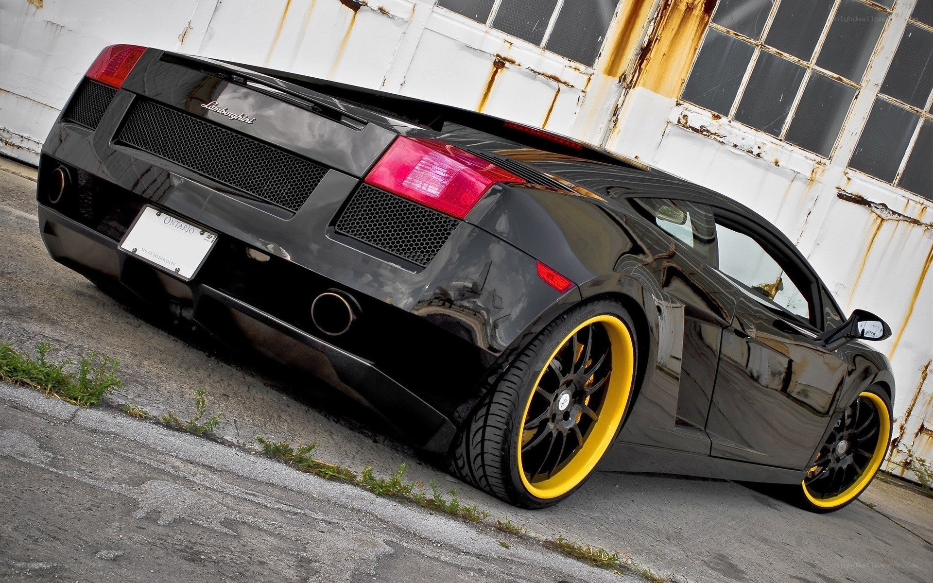 Black Lamborghini with yellow wheels