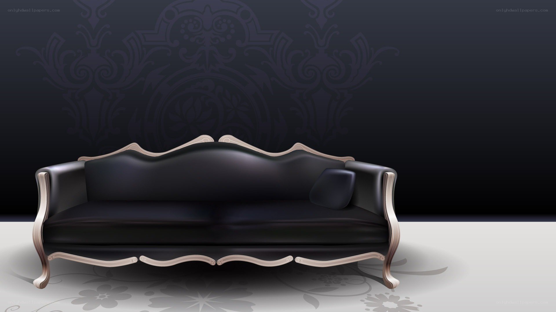 black leather sofa with ornate frame
