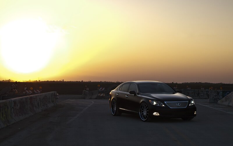 Black Lexus Sedan — Dramatic, Sunset, Photograph, Car, Concrete Barriers