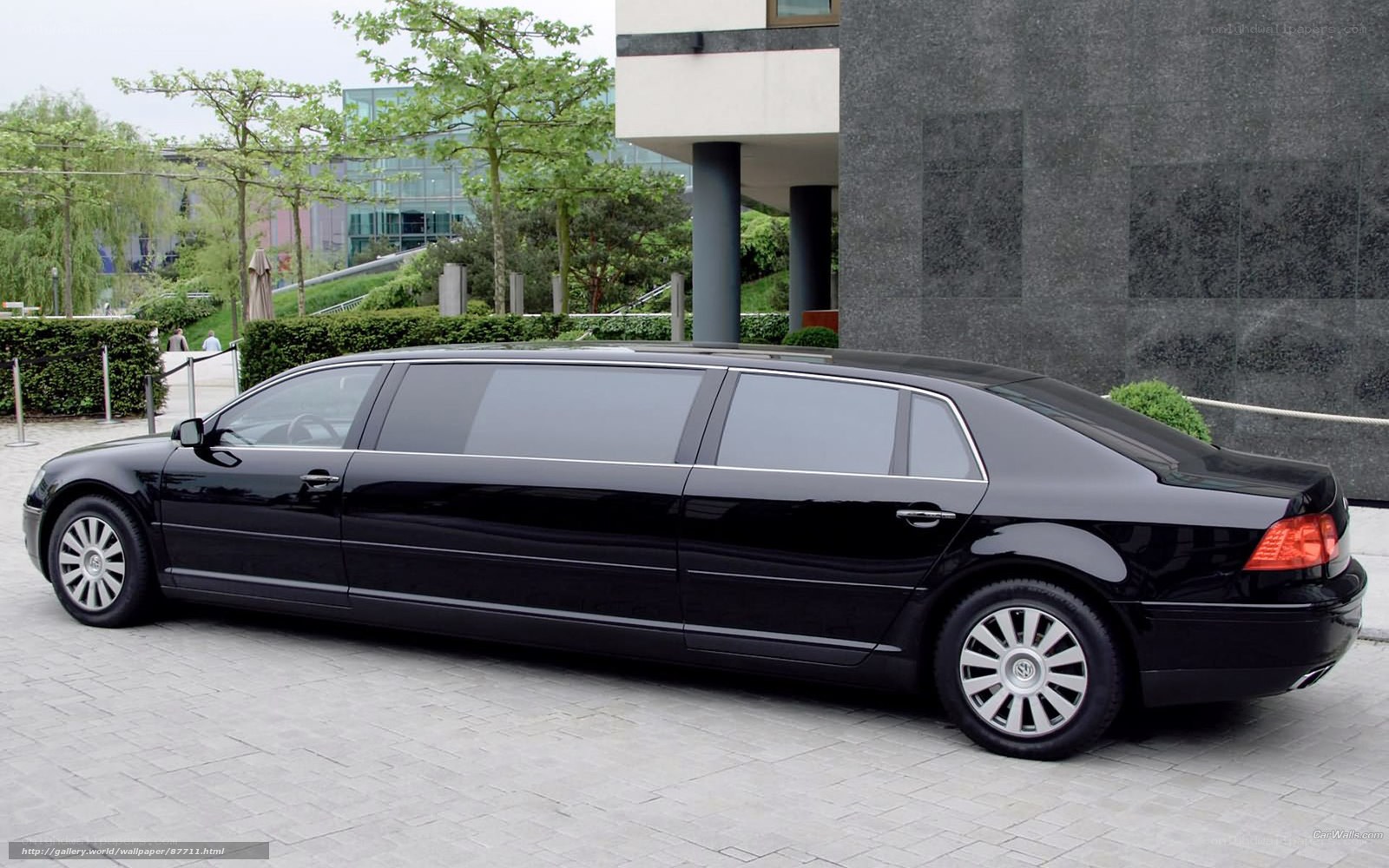 Black limousine parked outside building