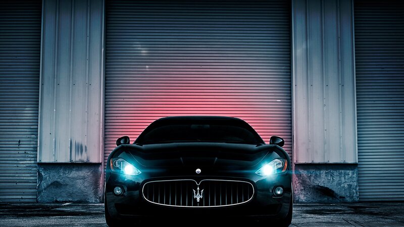 Black Maserati Car — Dramatic, Night, Photograph, Garage Door