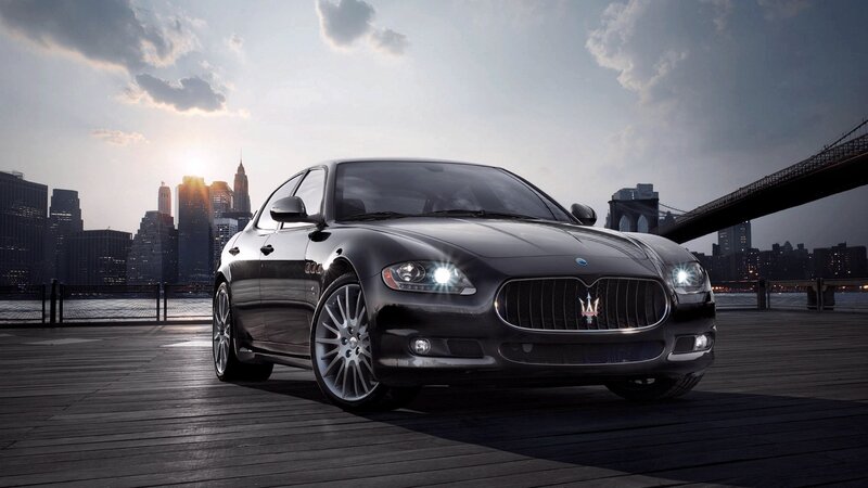 Black Maserati Sedan — Dramatic, Sunset, Photograph, City Skyline, Bridge, Pier
