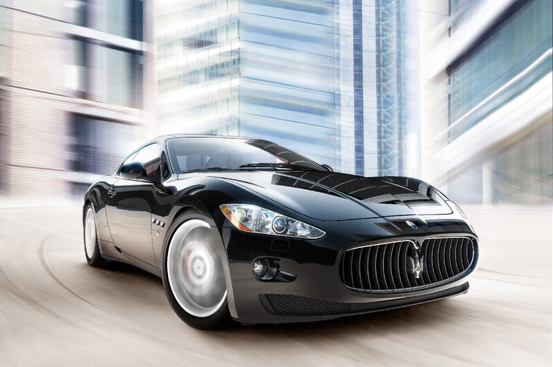 Black Maserati Sports Car — Dynamic, Photograph, City