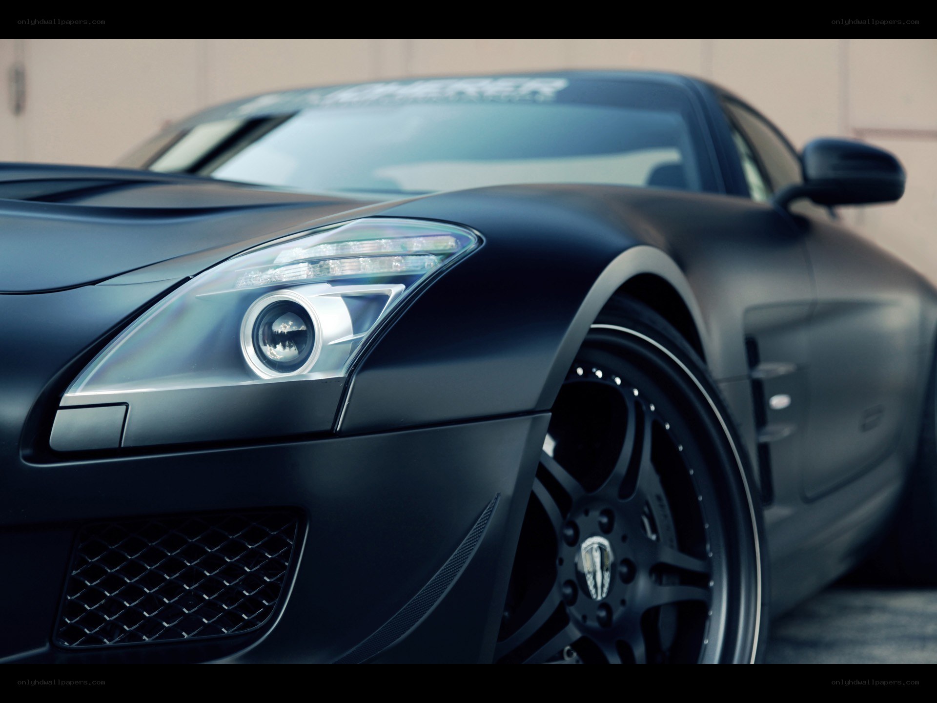 Black matte sports car front view