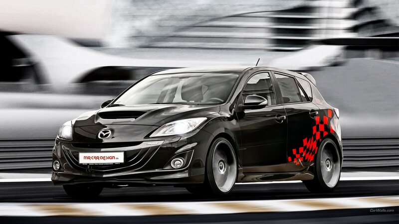 Black Mazda hatchback in motion