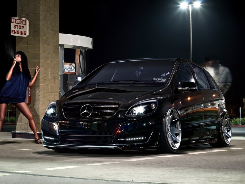 Black Mercedes at gas station